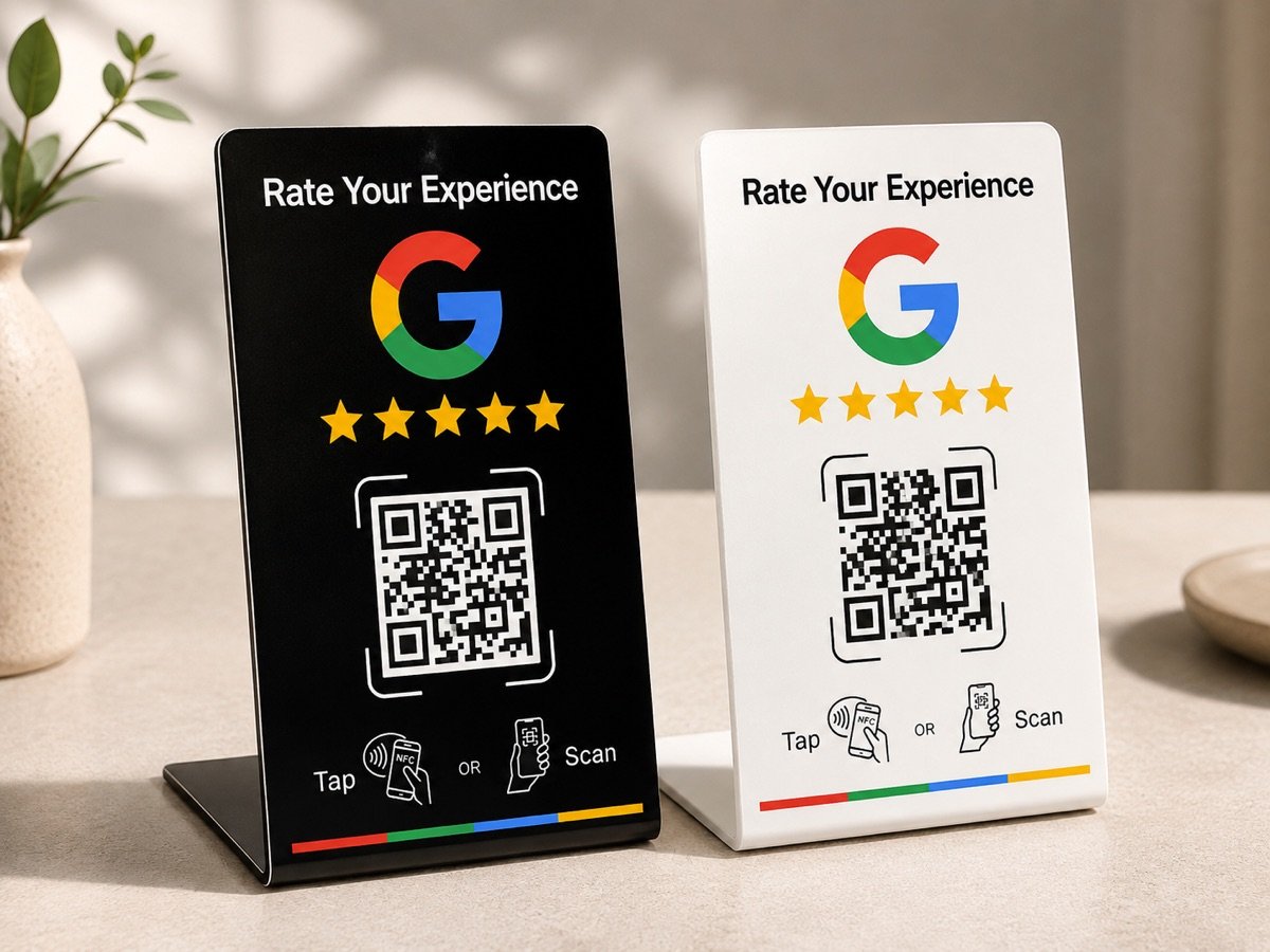 Soportes NFC de Conecta NFC en negro y blanco para conseguir reseñas en Google