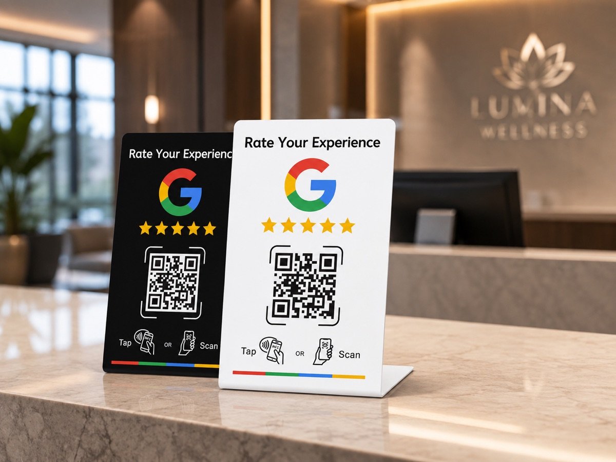 Soporte NFC para reseñas de Google en la recepción de un hotel