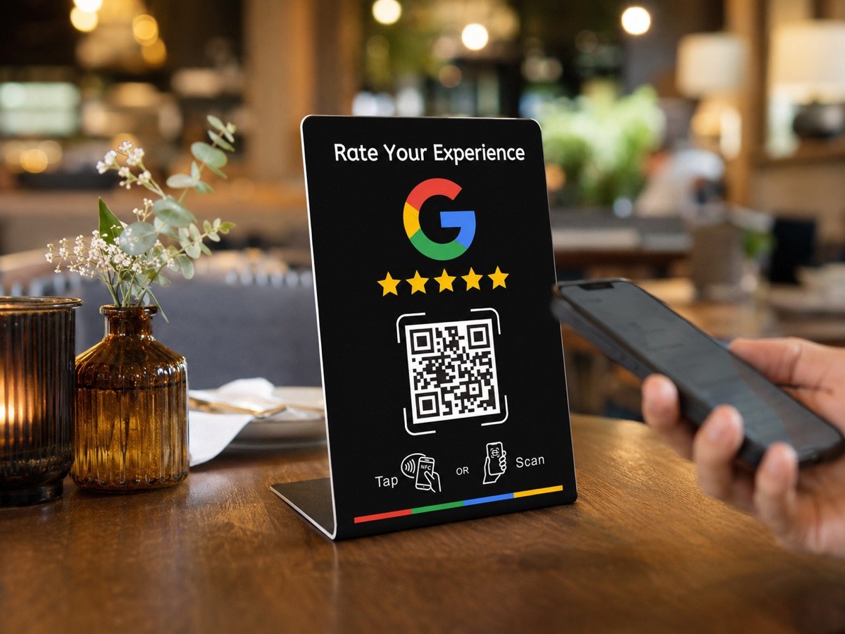 Soporte NFC para reseñas de Google en la mesa de un restaurante