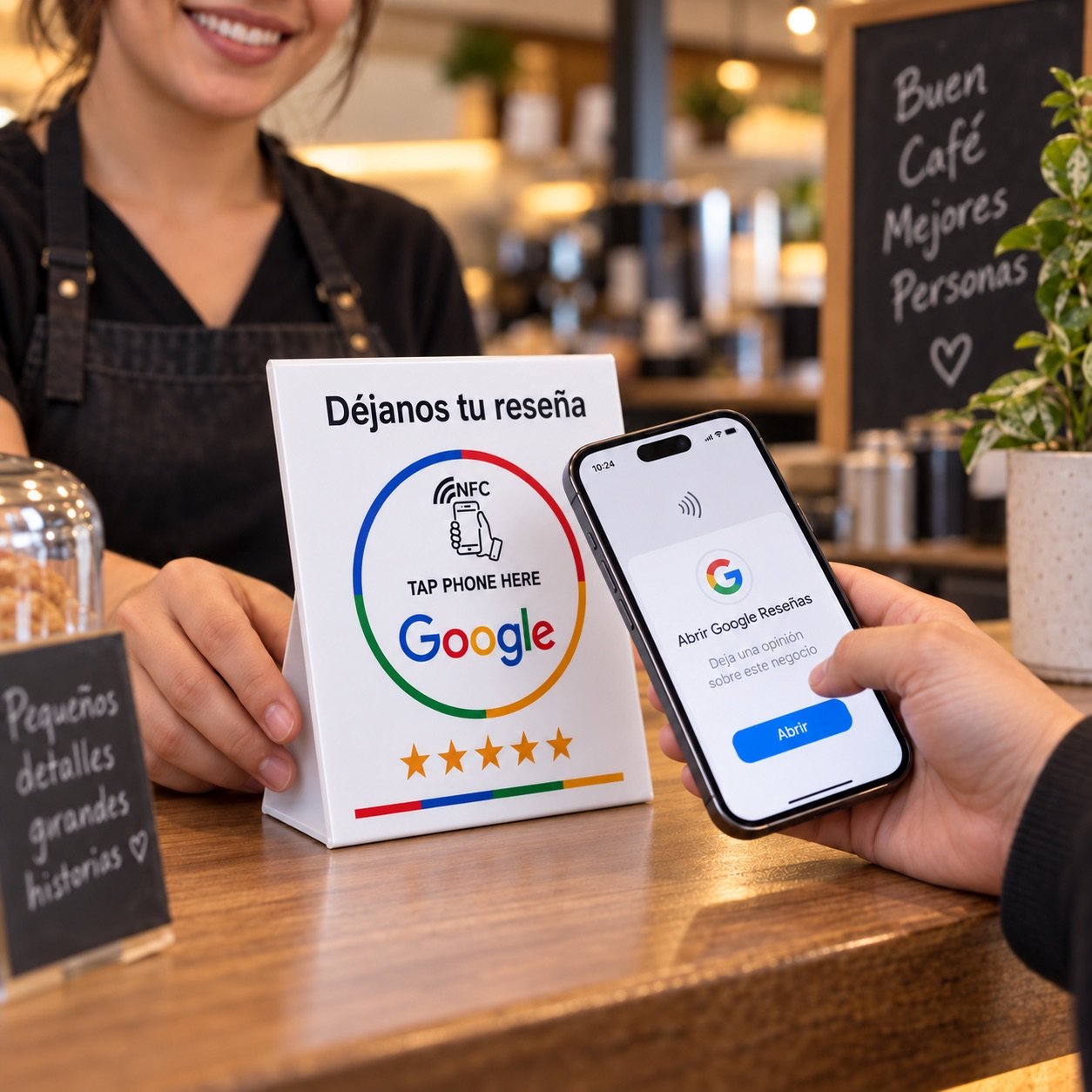Cliente acercando el móvil al soporte NFC de reseñas de Google en el mostrador de una cafetería