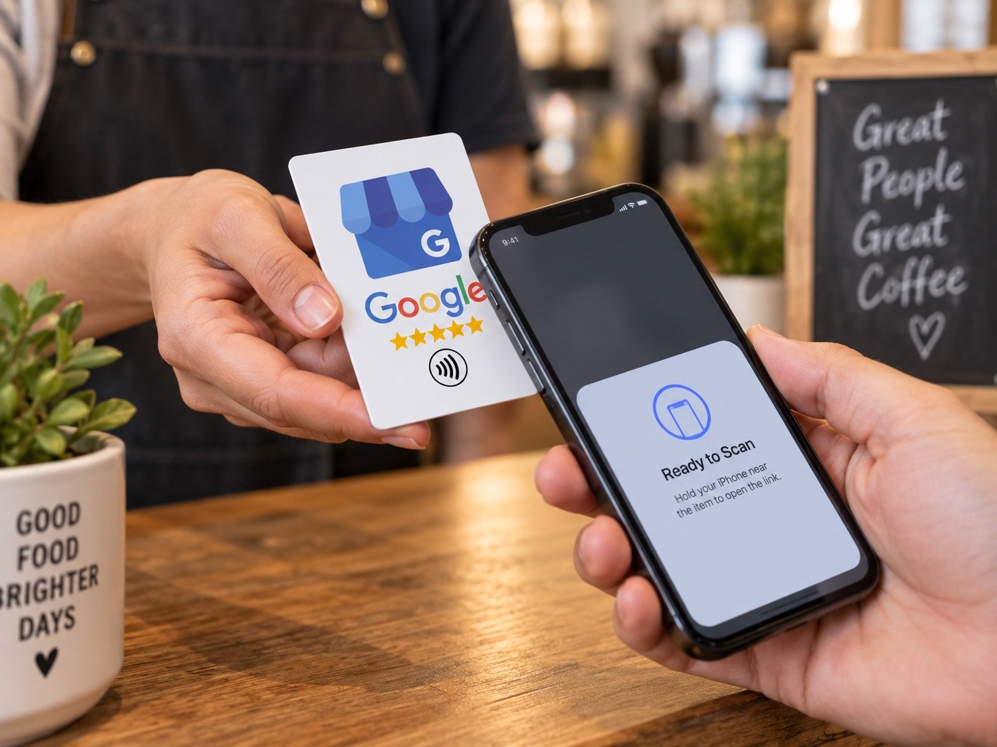 Tarjeta NFC para reseñas de Google junto a un iPhone listo para leerla